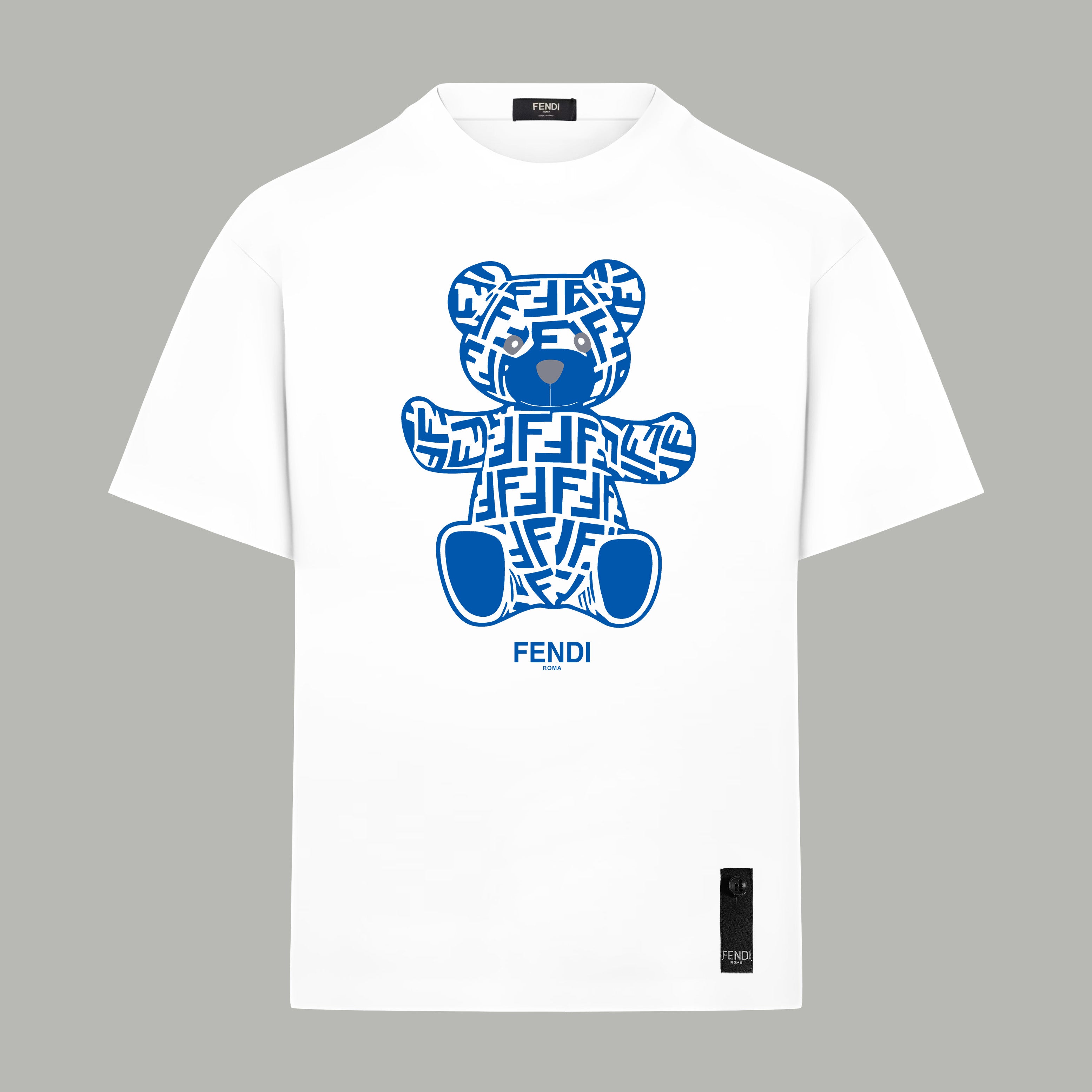 White T-shirt with blue FENDI teddy graphic on front, crew neck, short sleeves