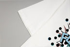 White T-shirt sleeve and shoulder with partial colorful logo graphic