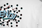 White T-shirt chest with Fendi logo graphic and colorful dot pattern
