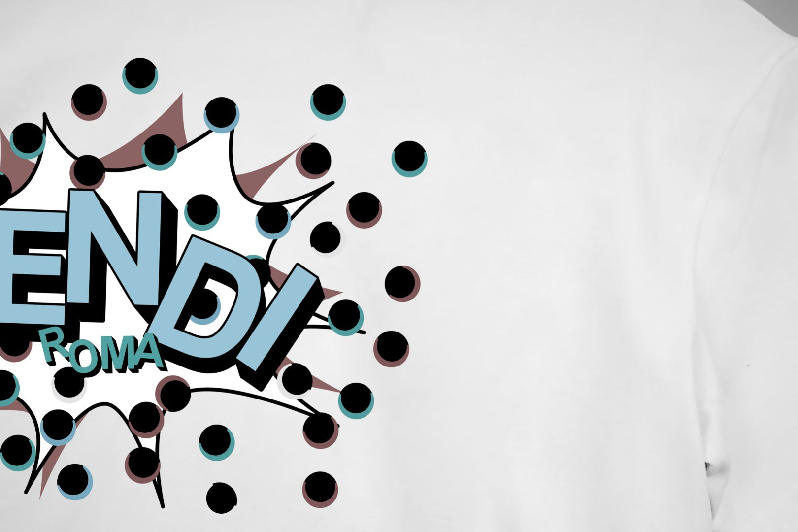 White T-shirt chest with Fendi logo graphic and colorful dot pattern