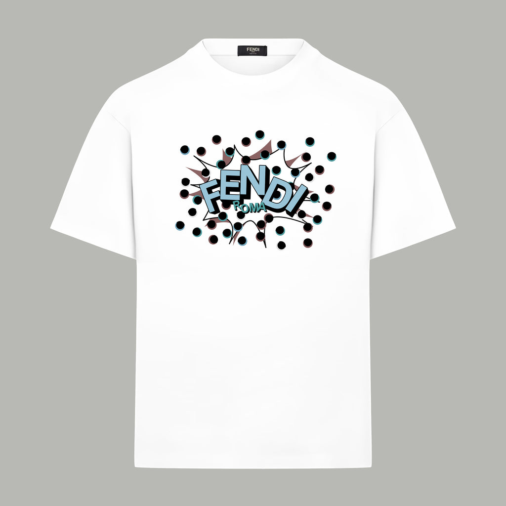 White crewneck T-shirt with colorful Fendi logo graphic on the chest