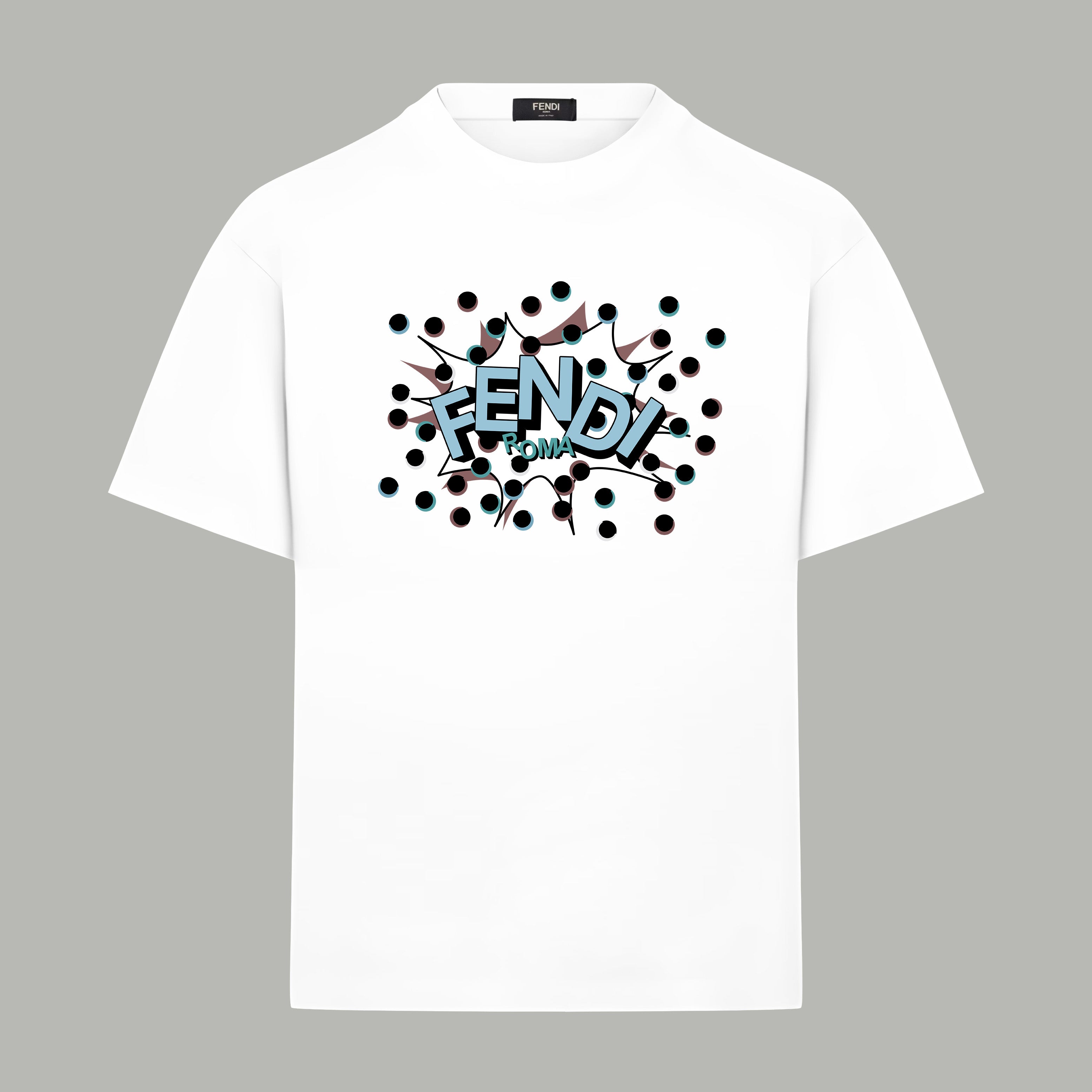 White crewneck T-shirt with colorful Fendi logo graphic on the chest