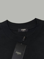 Black crewneck T-shirt collar with FENDI label and hanging tag