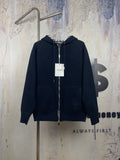 Navy zip-up hooded jacket with drawstring hood and front zipper