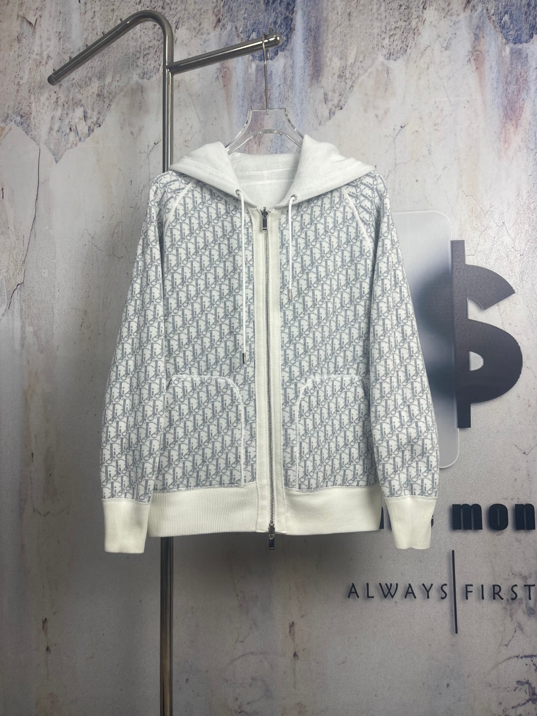 Dior zip hoodie, light patterned allover print with hood and front zipper