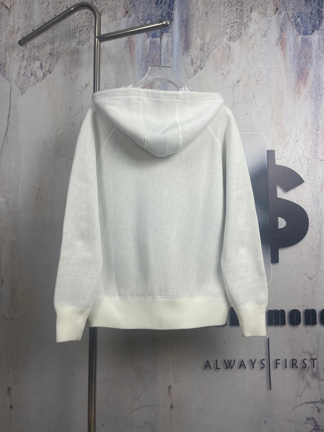 Dior zip hoodie, cream back view with hood and ribbed cuffs