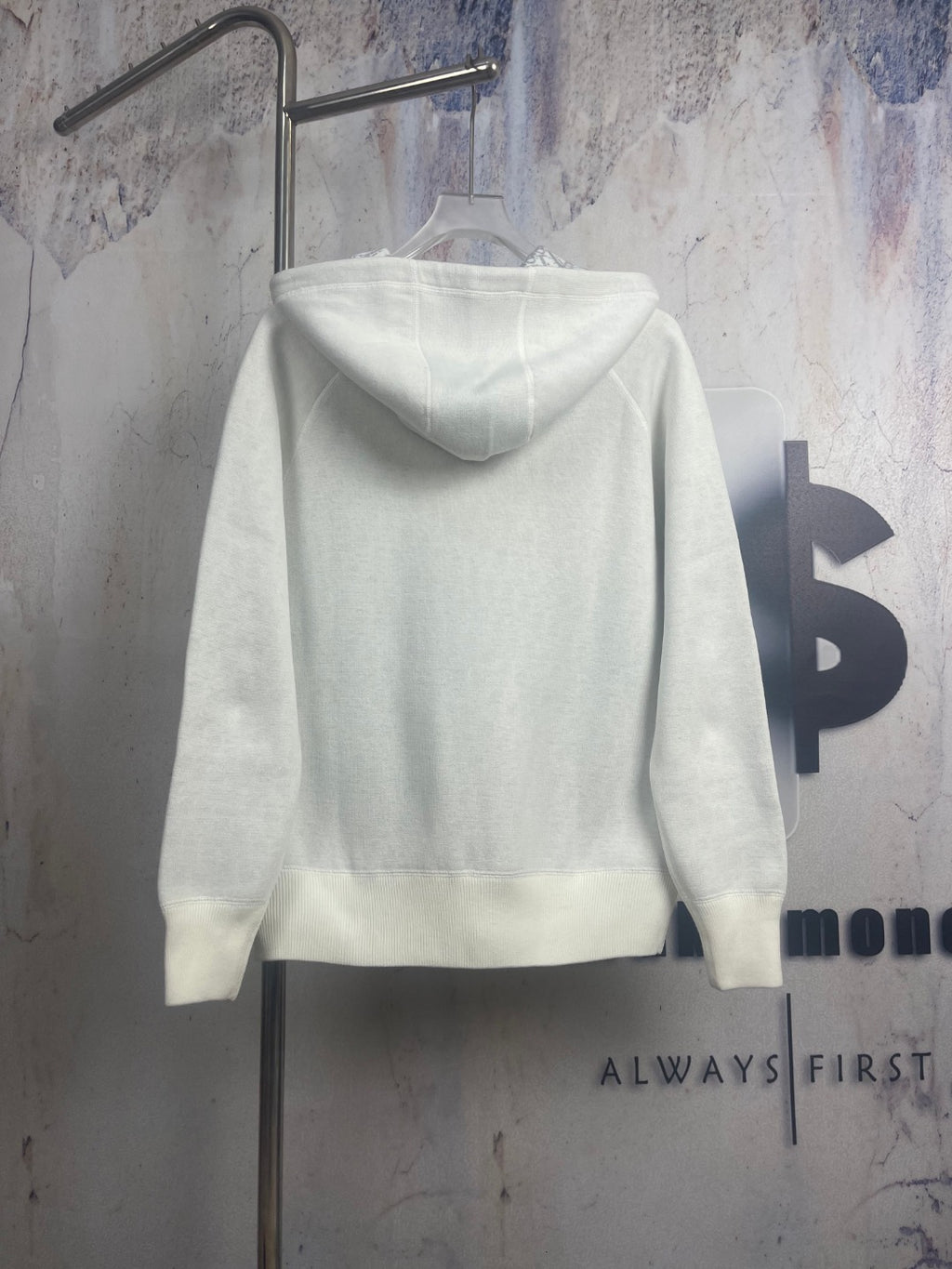 Dior long zip-up hoodie back view in off-white with attached hood and drawstrings