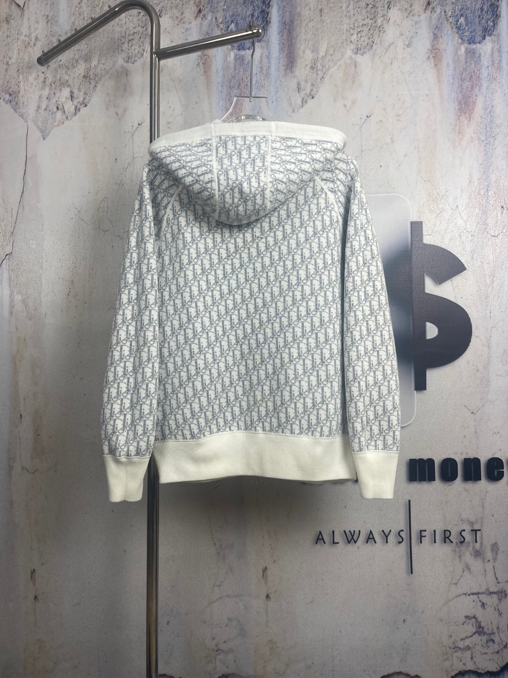 Dior zip hoodie, patterned back view with hood and ribbed hem