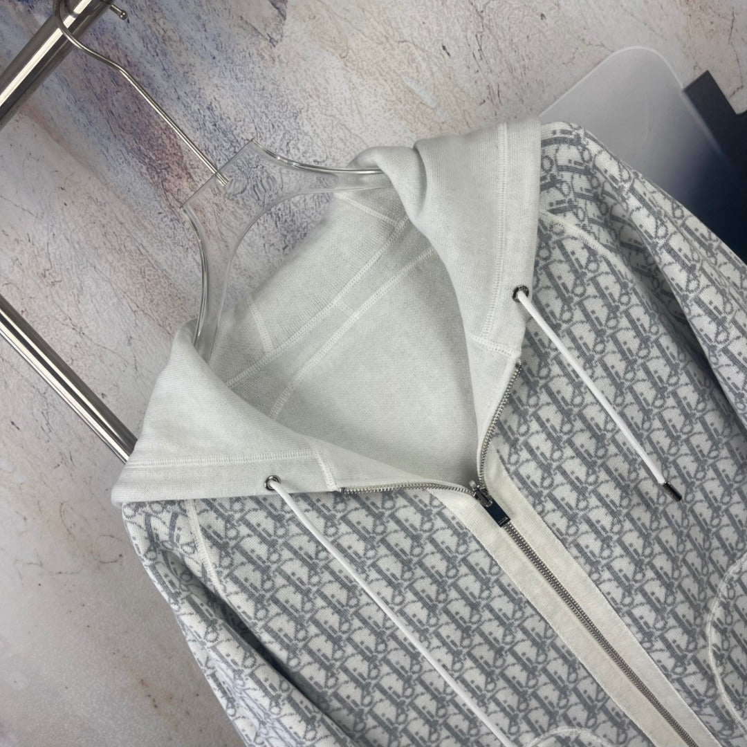 Dior zip hoodie close-up of hood and zipper with patterned lining