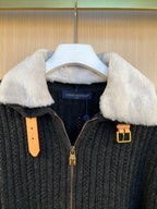 Louis Vuitton knit jacket with faux fur collar, front zipper, and logo badge