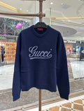 Gucci dark blue logo crewneck sweater, long sleeves, ribbed cuffs and hem