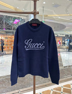 Gucci dark blue logo crewneck sweater, long sleeves, ribbed cuffs and hem