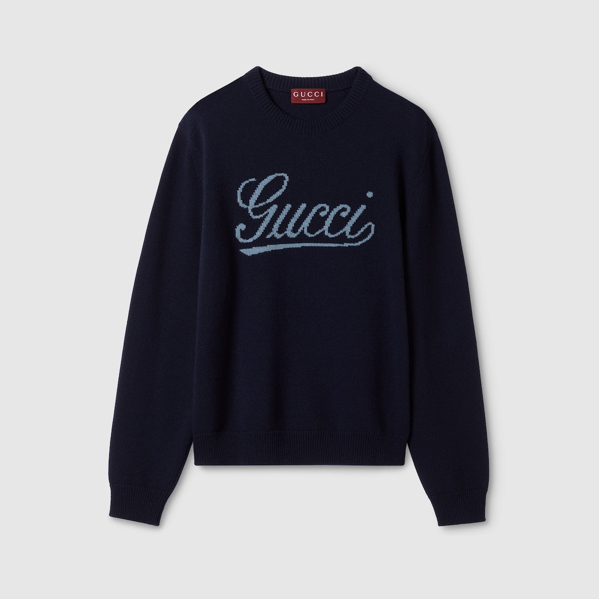 Gucci dark blue crewneck sweater with white script logo, long sleeves