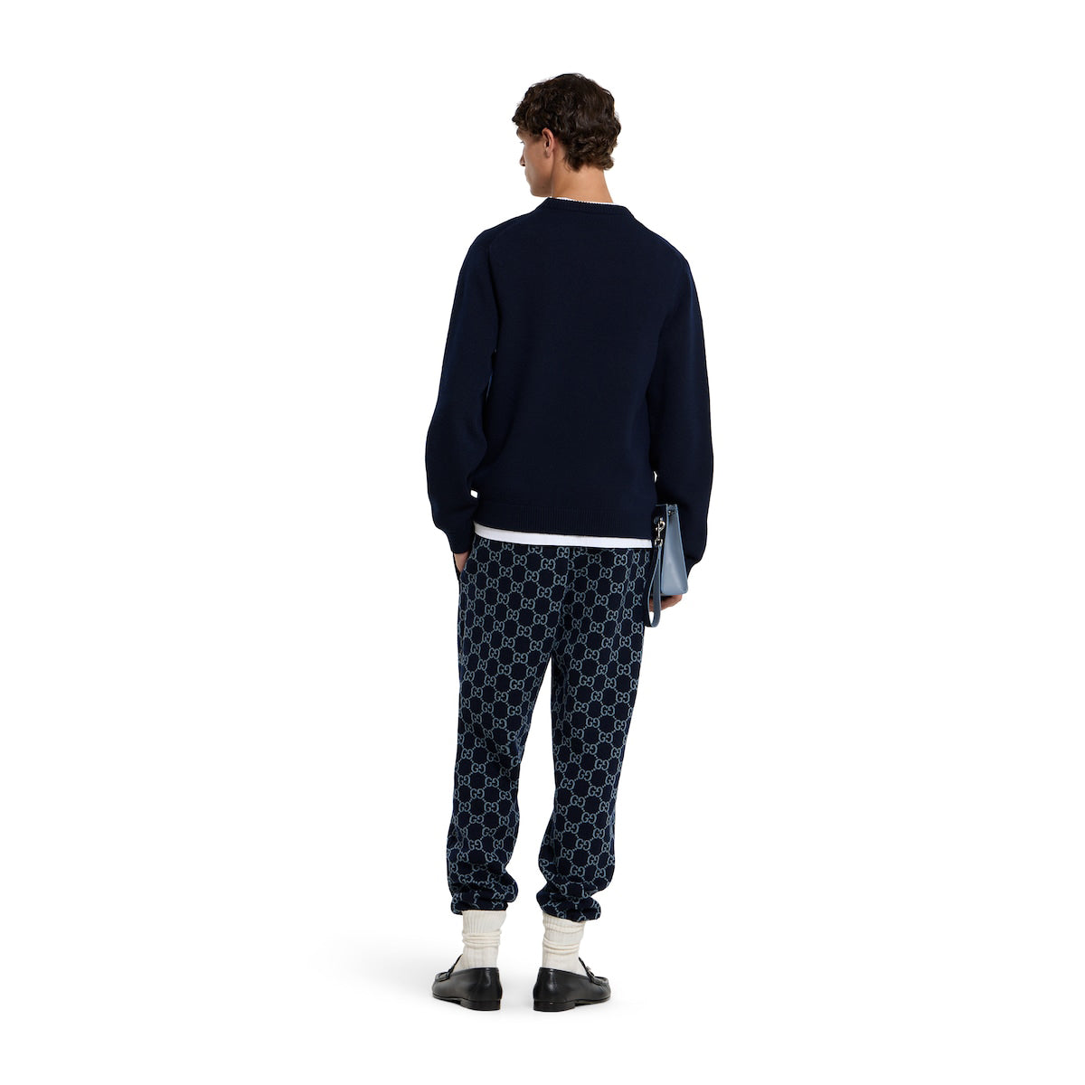 Gucci dark blue long-sleeve sweater, back view on model