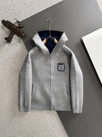 Dior long zip-up hoodie in heather gray with hood and front patch logo