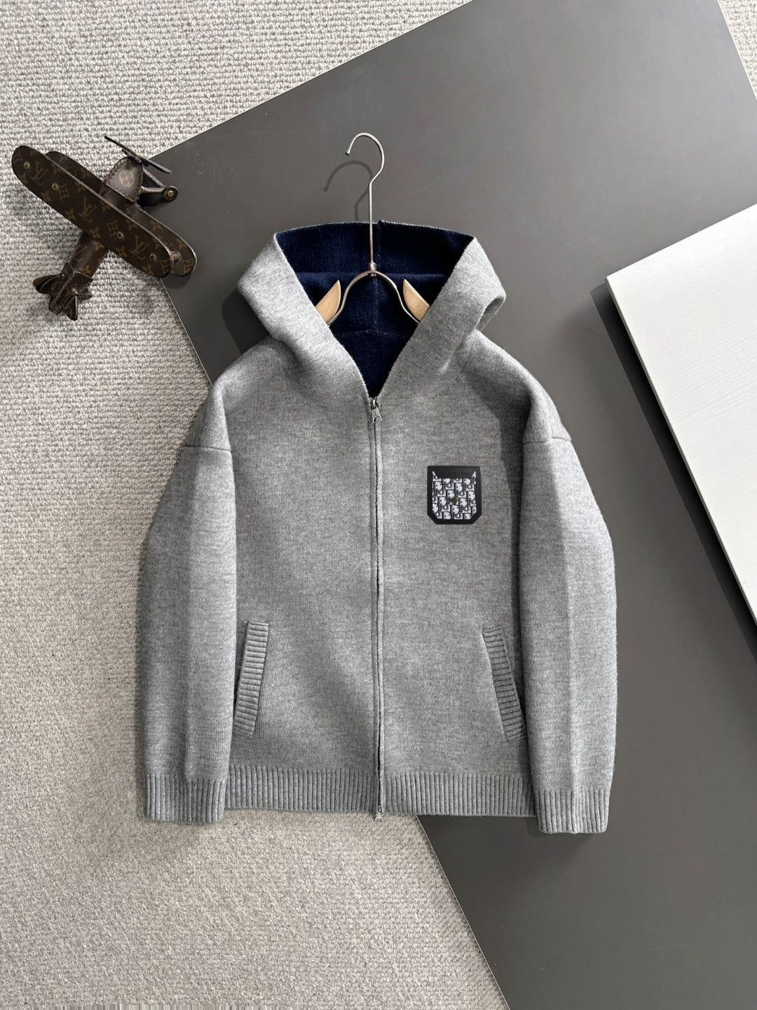 Dior long zip-up hoodie in heather gray with hood and front patch logo