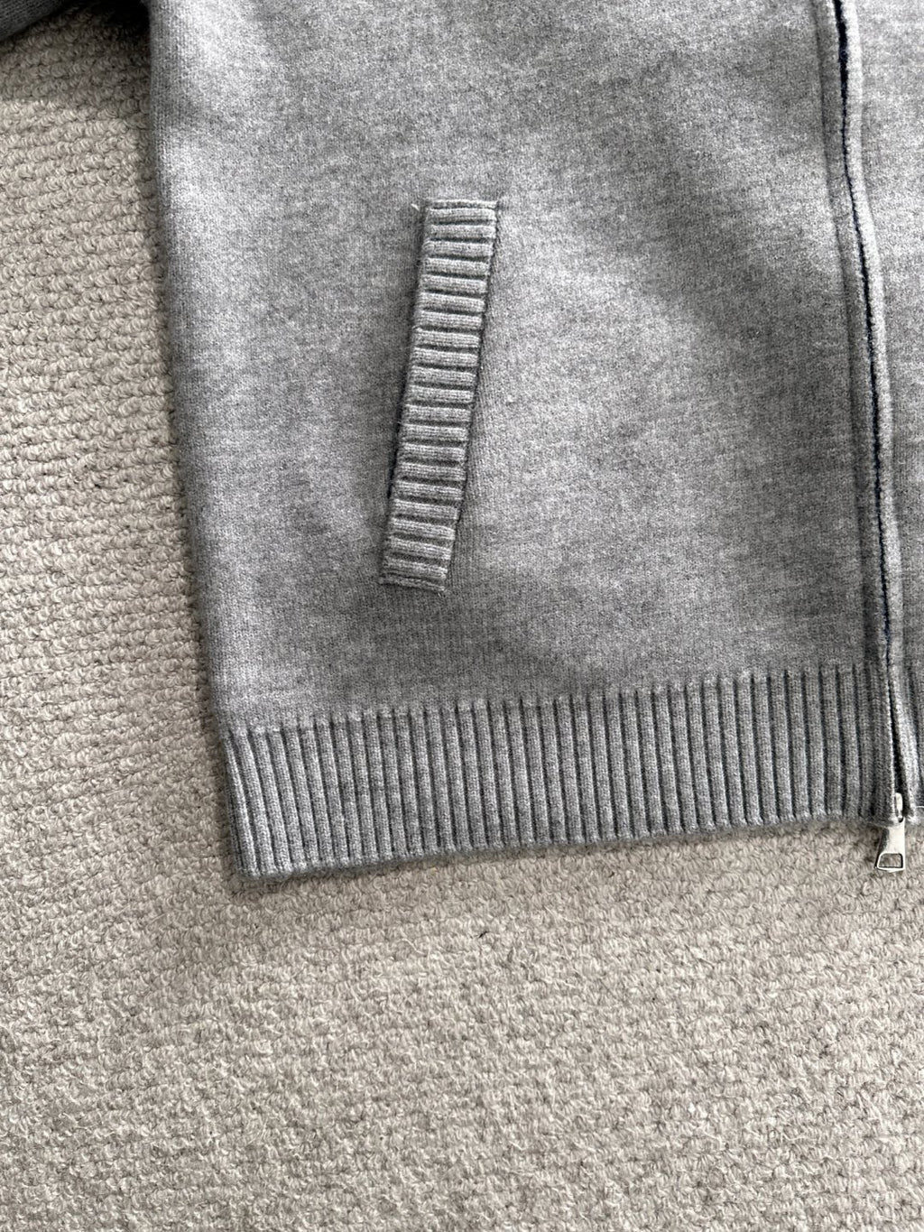 Dior long zip-up hoodie ribbed hem and zipper at front in heather gray