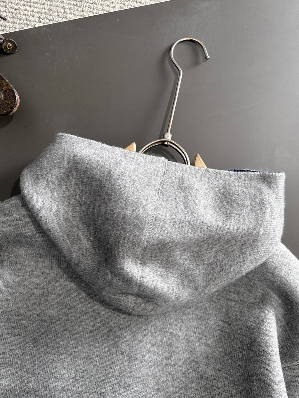 Dior long zip-up hoodie hood drape on hanger in heather gray knit