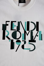 White Fendi T-shirt with large Roma 1975 typographic graphic in black and teal