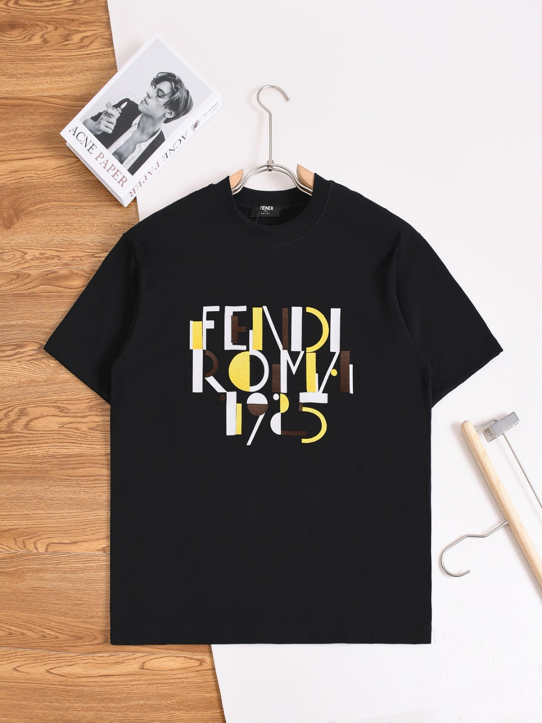 Fendi black short-sleeve T-shirt with colorful FENDI ROMA 1975 front graphic