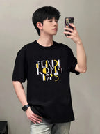 Fendi black short-sleeve T-shirt with FENDI ROMA 1975 graphic, crew neck front
