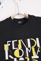 Fendi black short-sleeve T-shirt close-up of crew neck and FENDI ROMA 1975 logo
