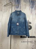 Denim jacket, blue wash, button front, chest pockets, long sleeves, with tag