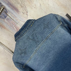 Denim jacket back yoke close-up, blue wash, embroidered motifs, seam detailing