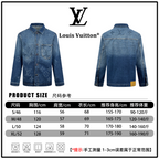 Denim jacket size chart with front and back views and product sizing table