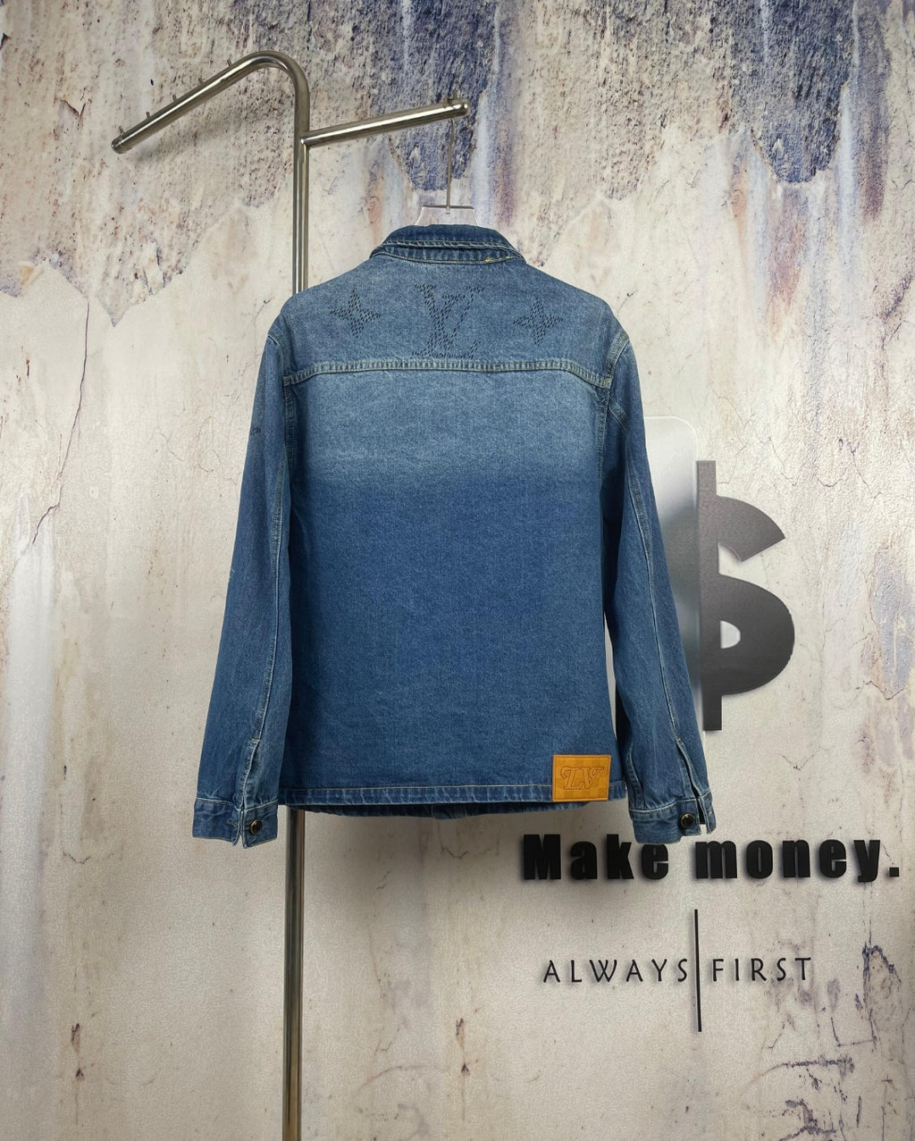 Denim jacket, blue wash, button front, back view, long sleeves