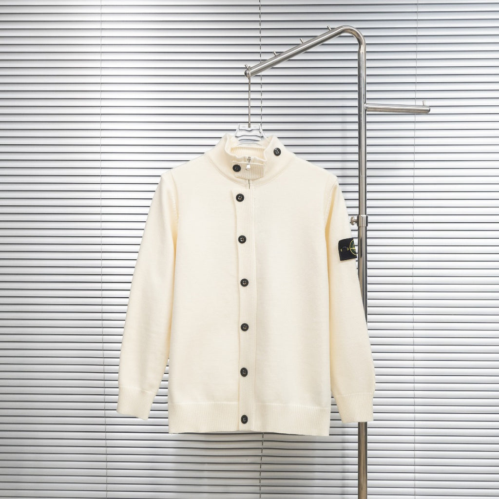 Stone Island cream knit button-up cardigan with dark buttons and stand collar