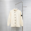 Stone Island cream knit button-up cardigan with dark buttons and stand collar