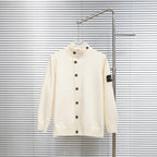 Stone Island cream knit button-up cardigan with dark buttons and stand collar