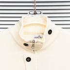 Stone Island cream knit cardigan with ribbed stand collar and button placket