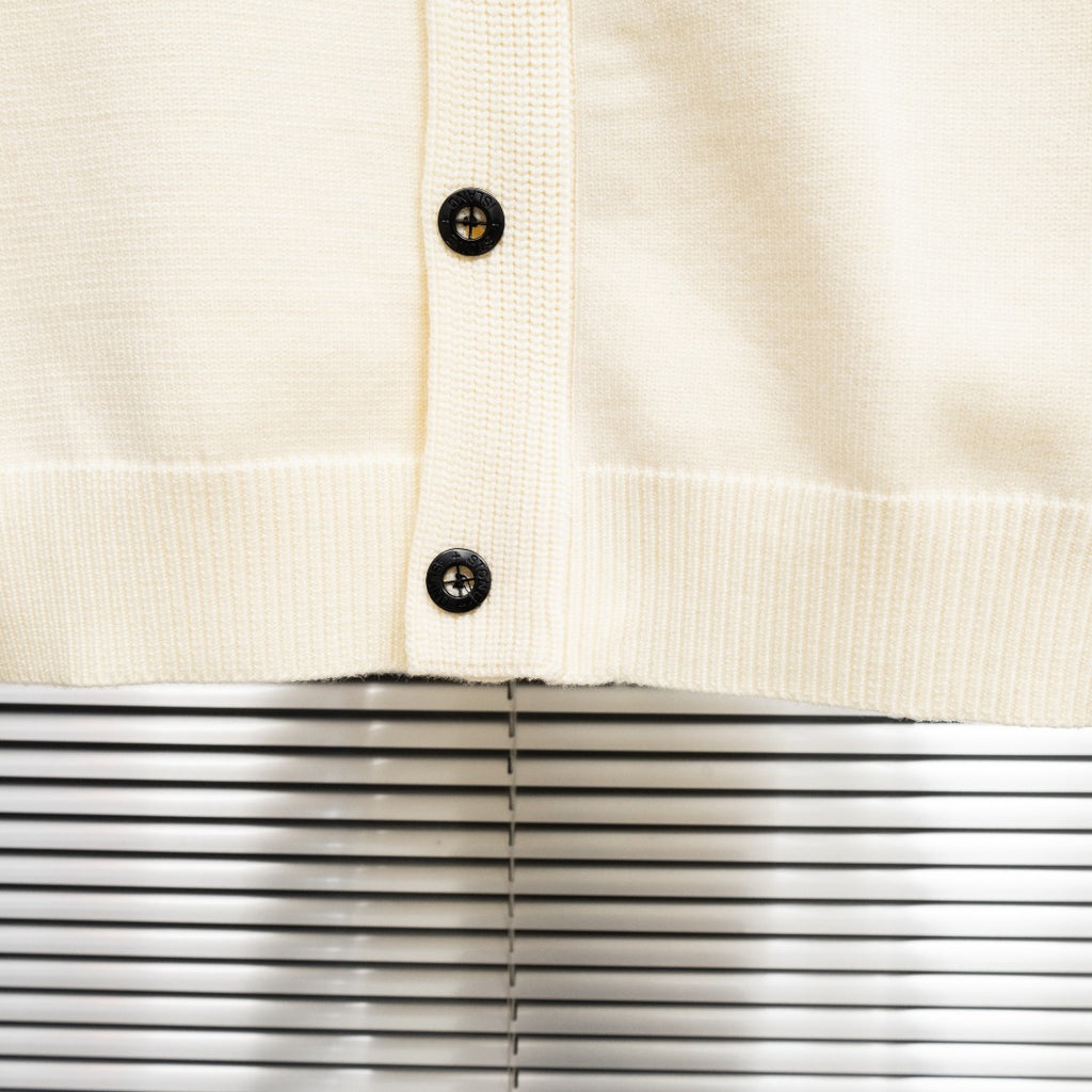 Stone Island cream knit cardigan front with two black buttons on placket