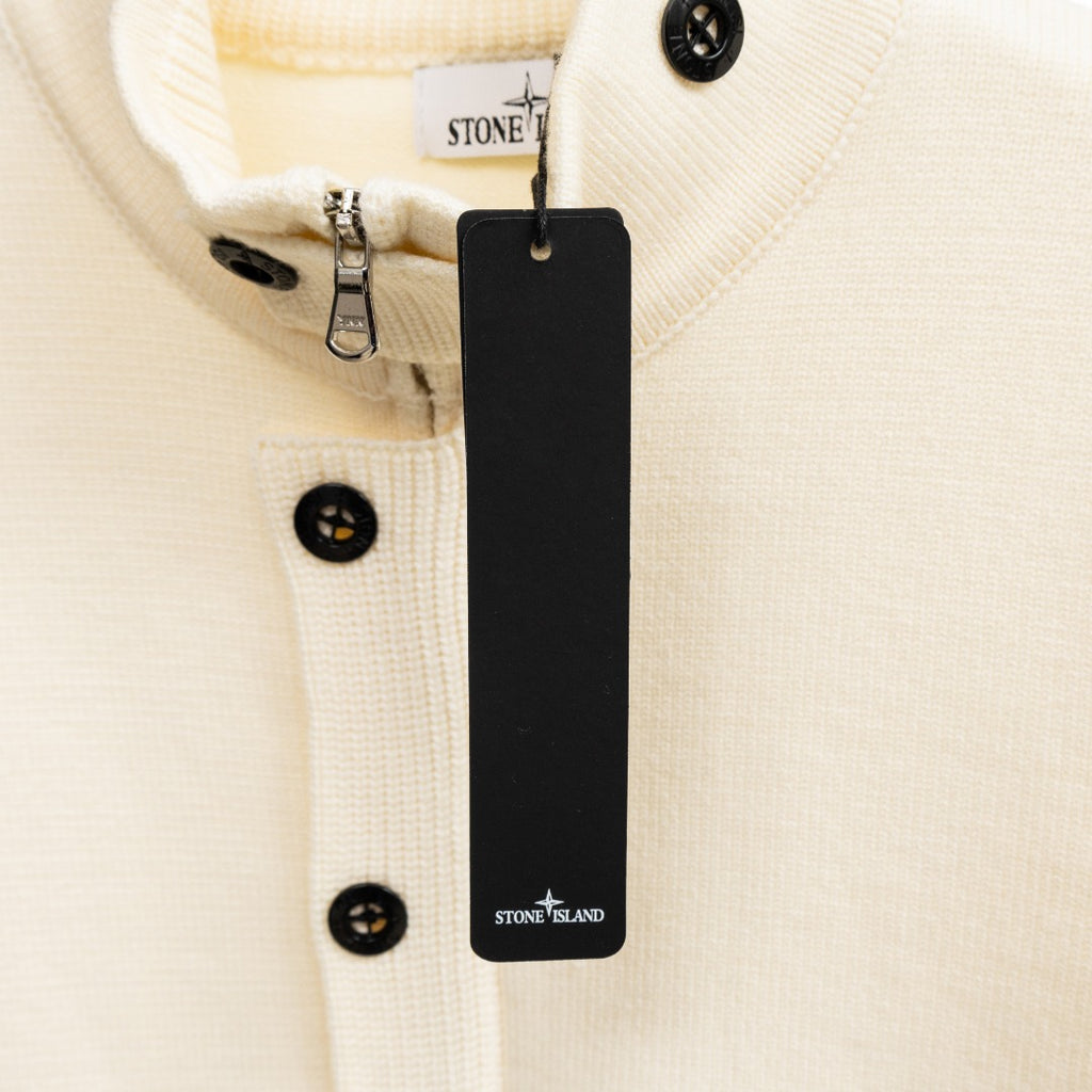 Stone Island cream knit cardigan with metal zipper and hanging care tag