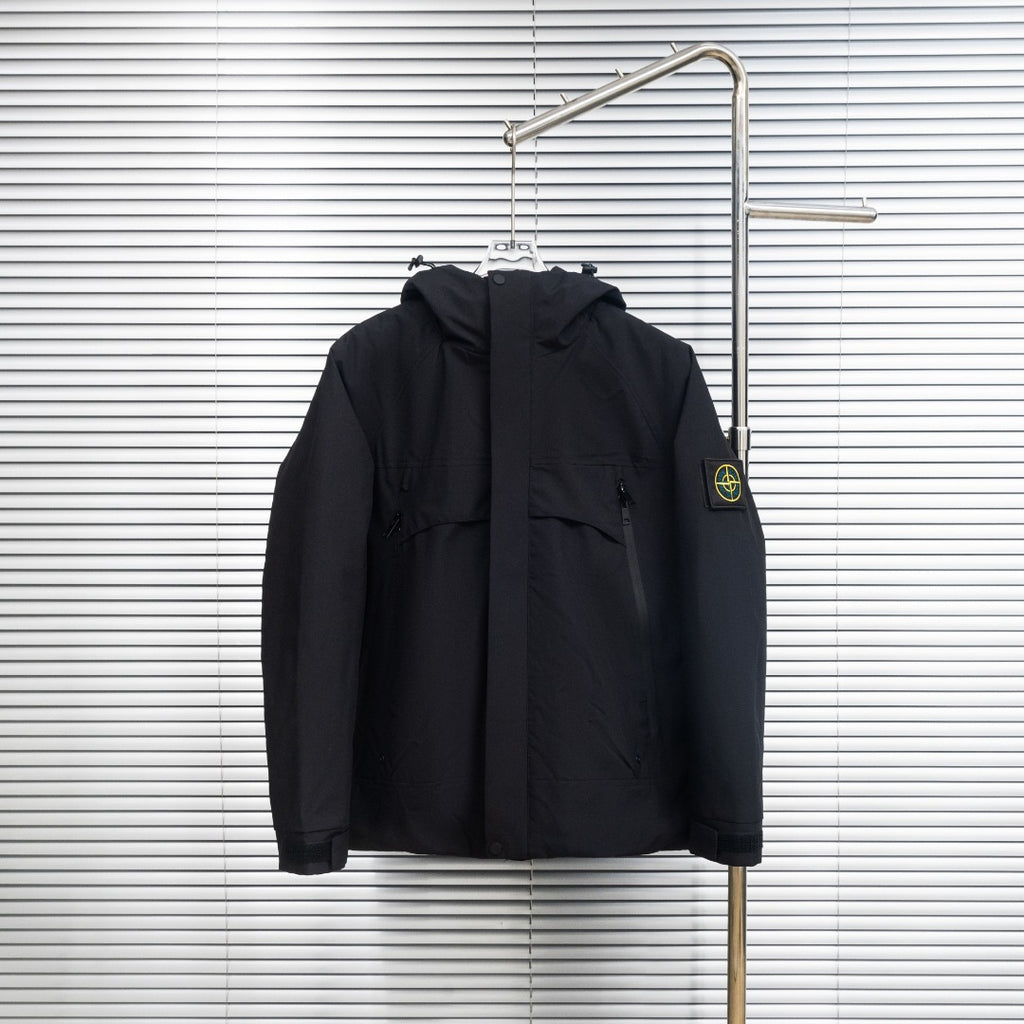 Stone Island hooded jacket in dark color, front view with buttoned closure and pockets