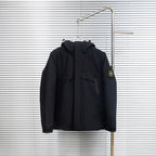 Stone Island hooded jacket in dark color, front view with buttoned closure and pockets