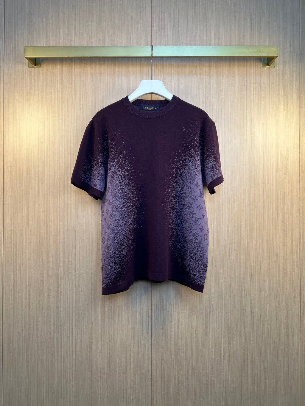 Louis Vuitton short-sleeve crewneck top in dark purple knit with light speckle print