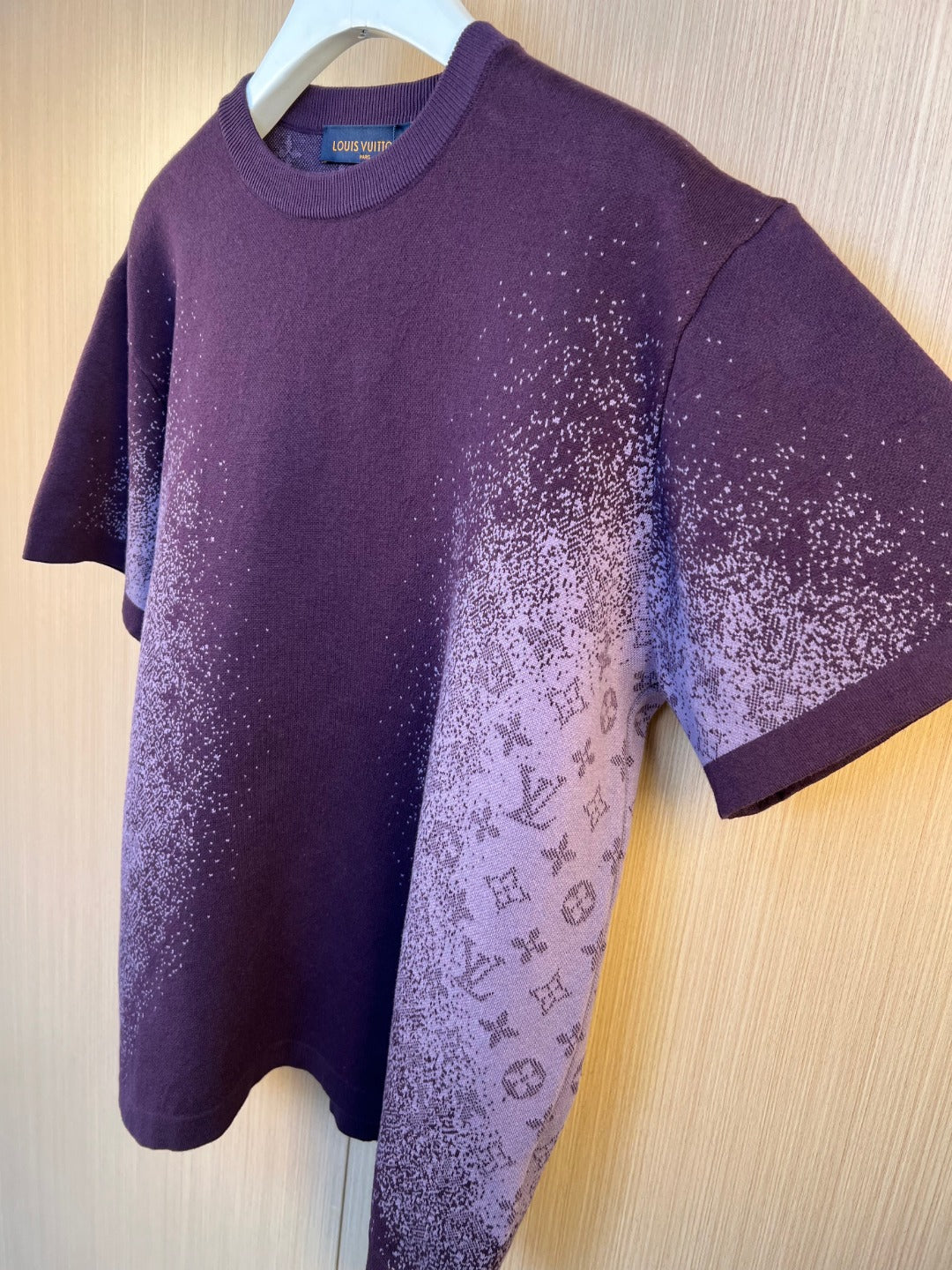 Louis Vuitton short-sleeve crewneck top in dark purple knit with patterned light print panel
