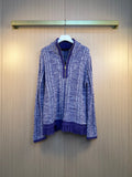 Louis Vuitton long-sleeve knit sweater, blue heather, full-zip, fringe hem