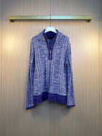 Louis Vuitton long-sleeve knit sweater, blue heather, full-zip, fringe hem