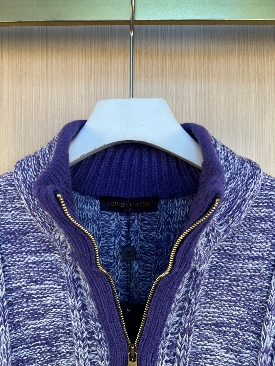 Louis Vuitton knit sweater neckline with gold zip and inner blue logo band