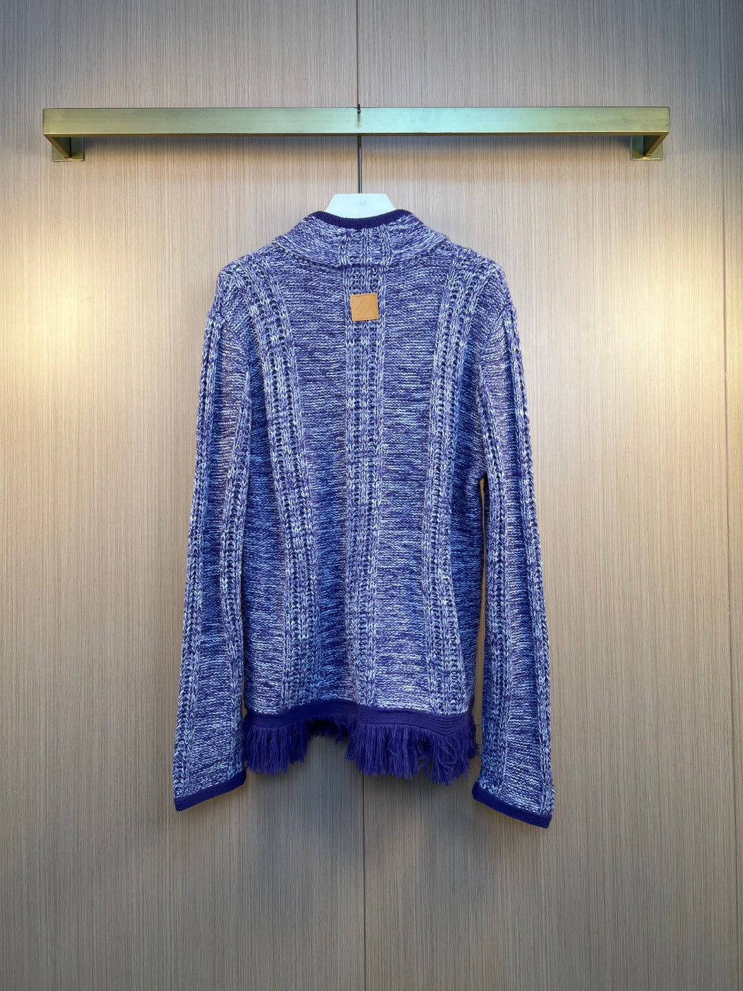 Louis Vuitton long-sleeve knit sweater back view in blue heather with zip detail