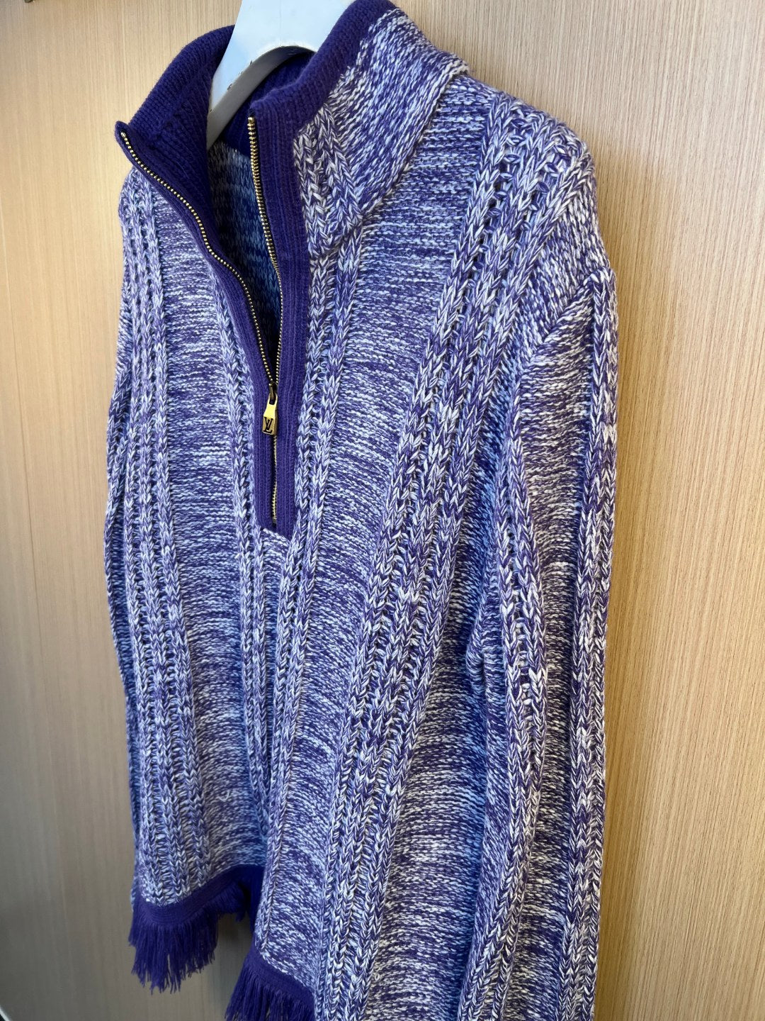 Louis Vuitton knit sweater, blue heather with full-zip front and fringe cuffs