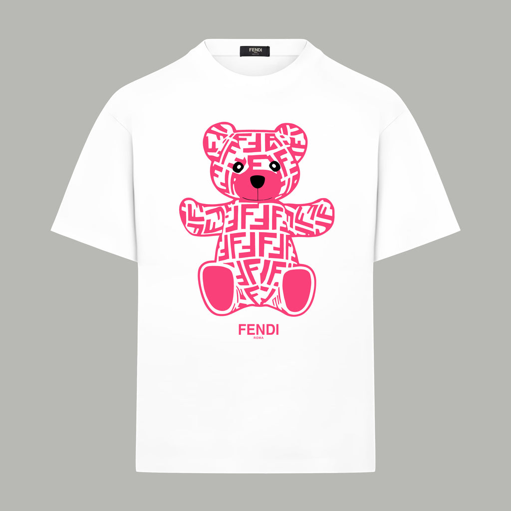 White Fendi short-sleeve T-shirt with pink bear logo front graphic