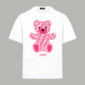 White Fendi short-sleeve T-shirt with pink bear logo front graphic