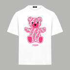 White Fendi short-sleeve T-shirt with pink bear logo front graphic
