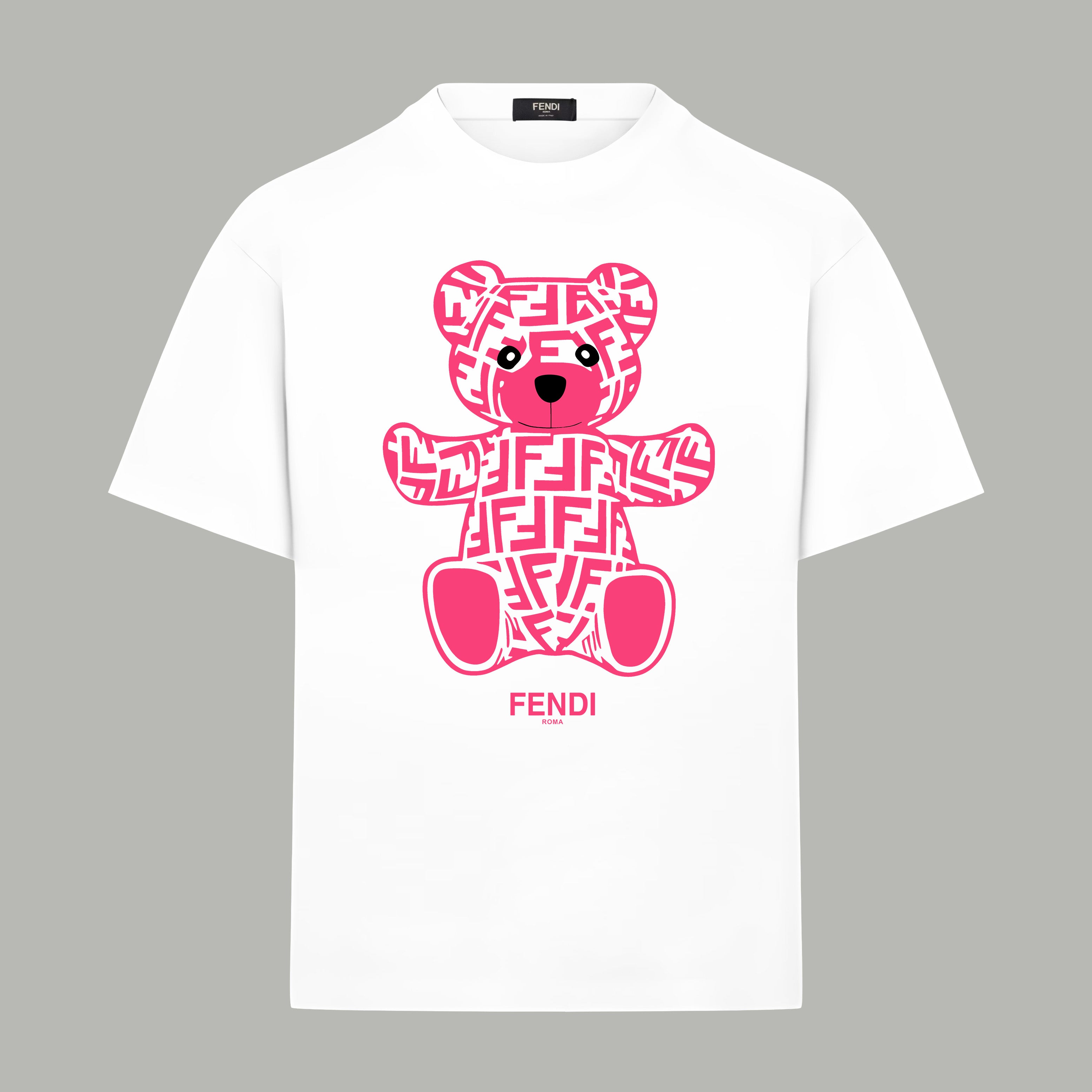 White Fendi short-sleeve T-shirt with pink bear logo front graphic
