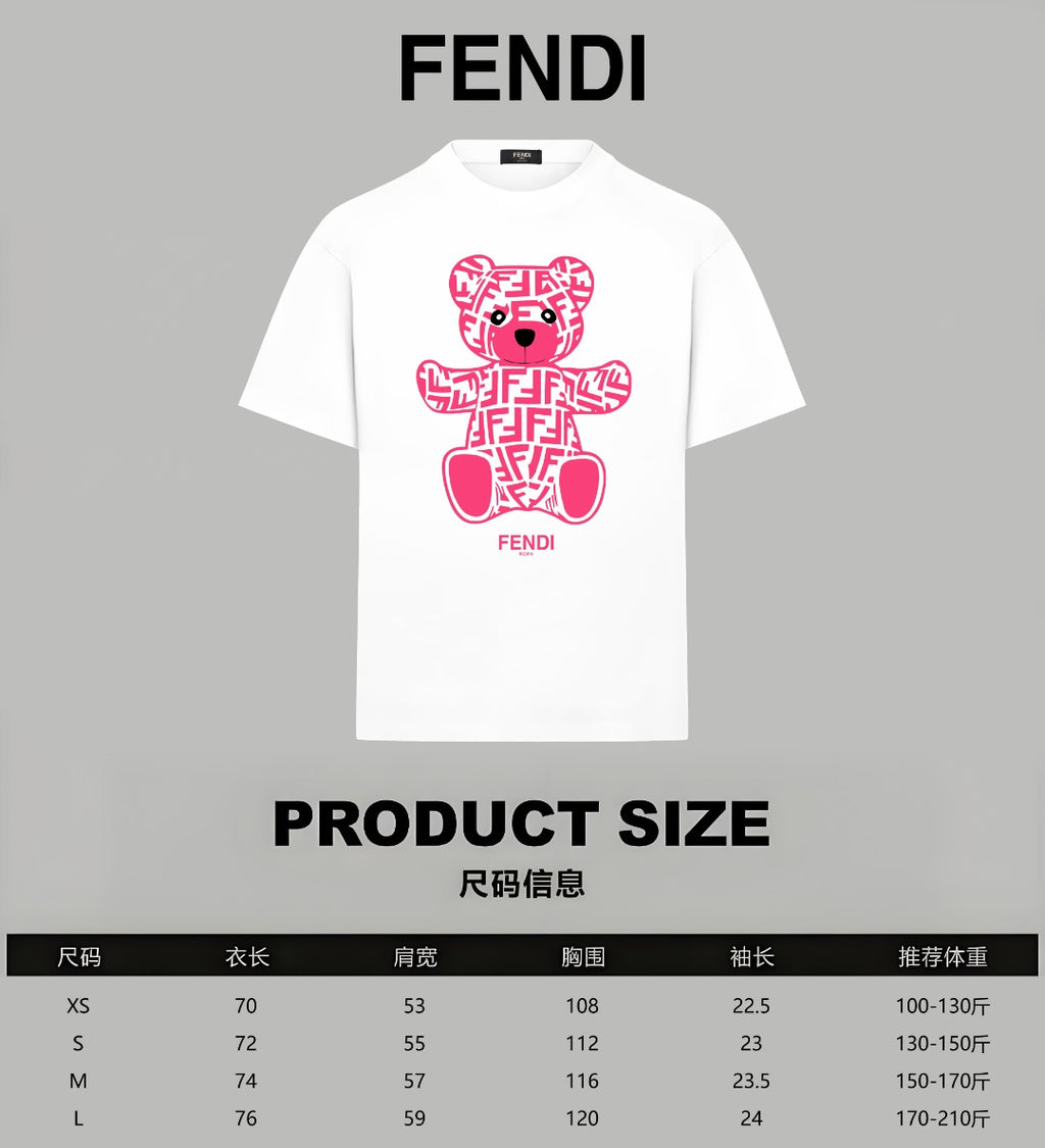 White Fendi T-shirt front with pink bear logo and FENDI print